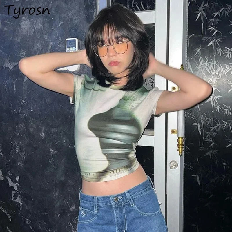 

T-shirts Women Slim Print Design Sexy Fashion All-match Leisure American Style Tops Elegant Stylish Streetwear Ladies New Simple