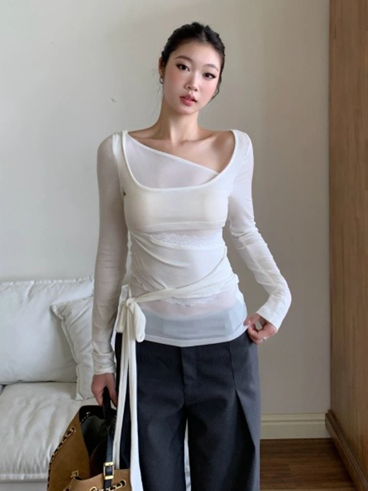 plus Size Women's White Long Sleeve Slim Fit T-Shirt Spring New Style Base Shirt Top Casual Style Pear Shape Body Fit