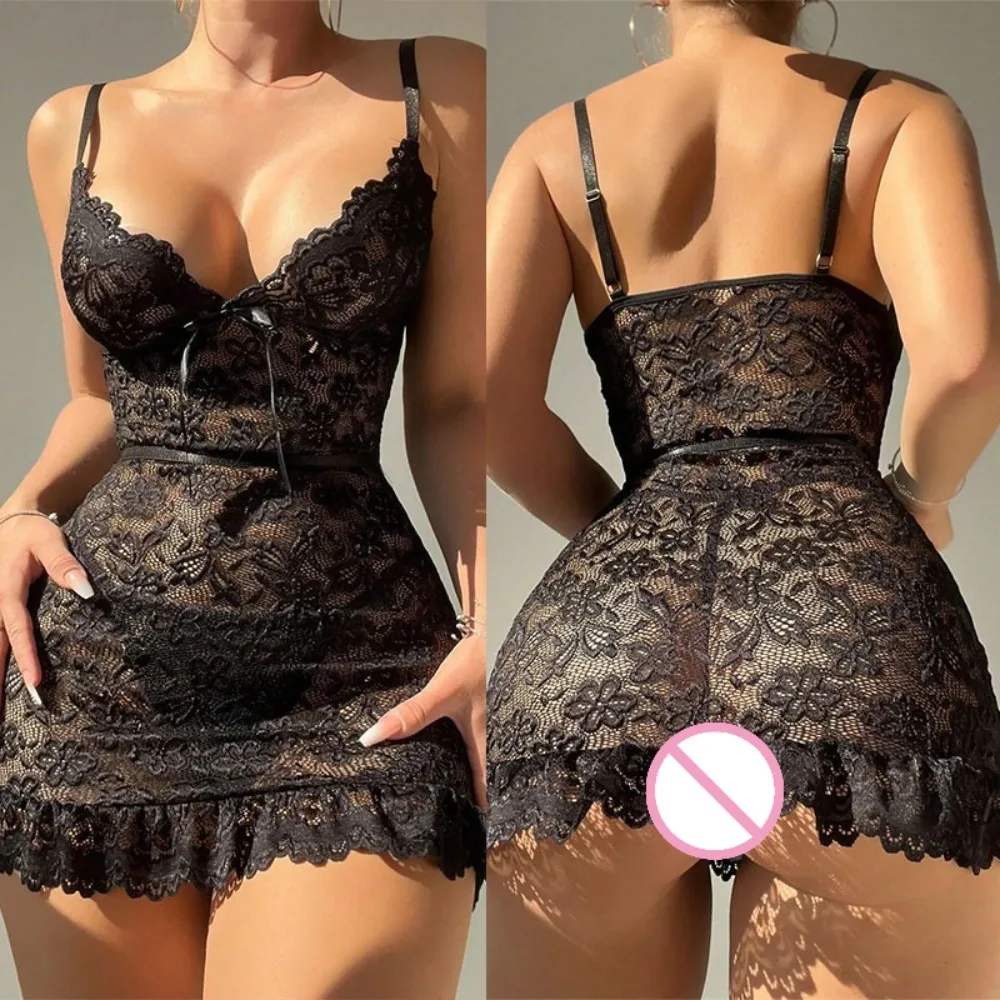 

Lace Splicing Perspective Sexy Lingerie Set Erotic Crotchless Sleepwear Pajamas Set Lace Night Dress Nightgown with G-string Set