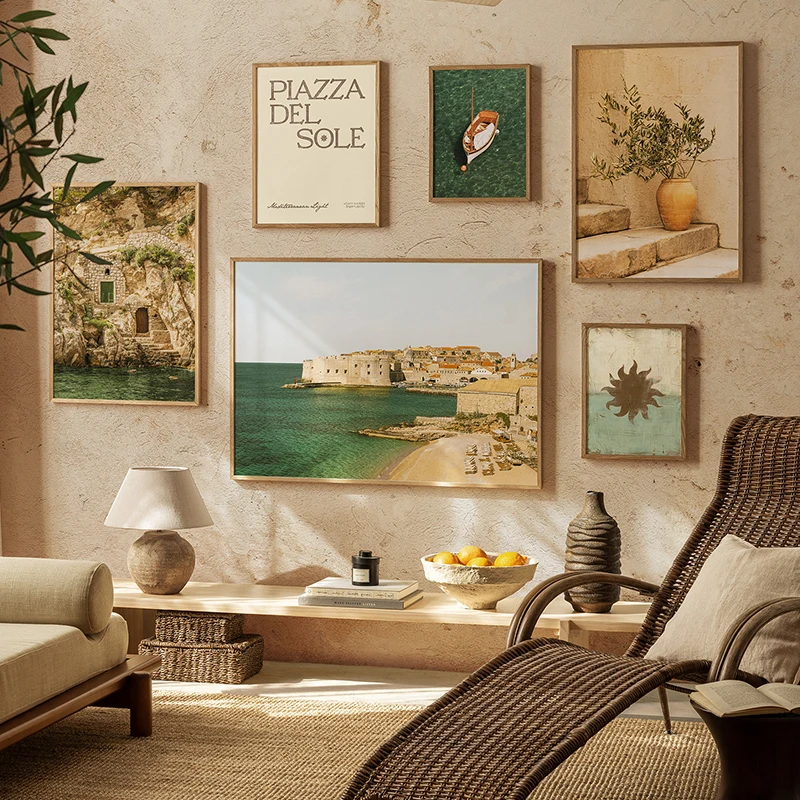 Cliffs Sun Summer Still Life Dalmatian Coast Boat Decorative Wall Art Canvas Painting Print Poster Landscape Picture Living Room