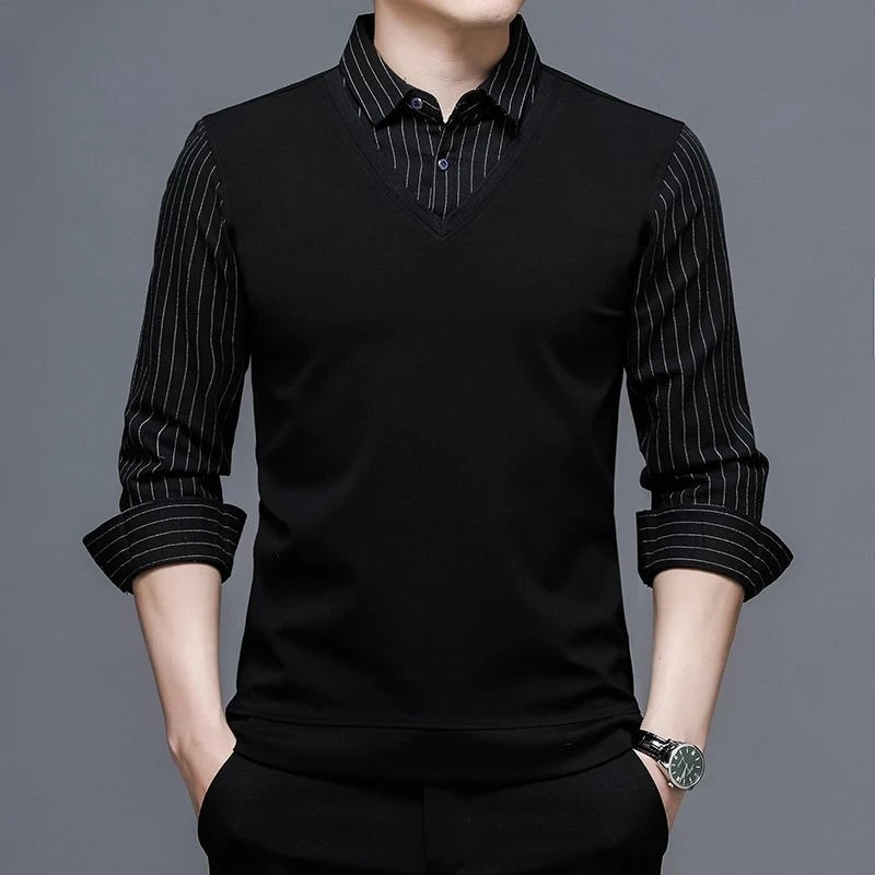 Men's Spring Autumn Long Sleeve Faux Two Piece Business Polo Shirt Stylish T-Shirt for Young Men Trendy Fashion Top