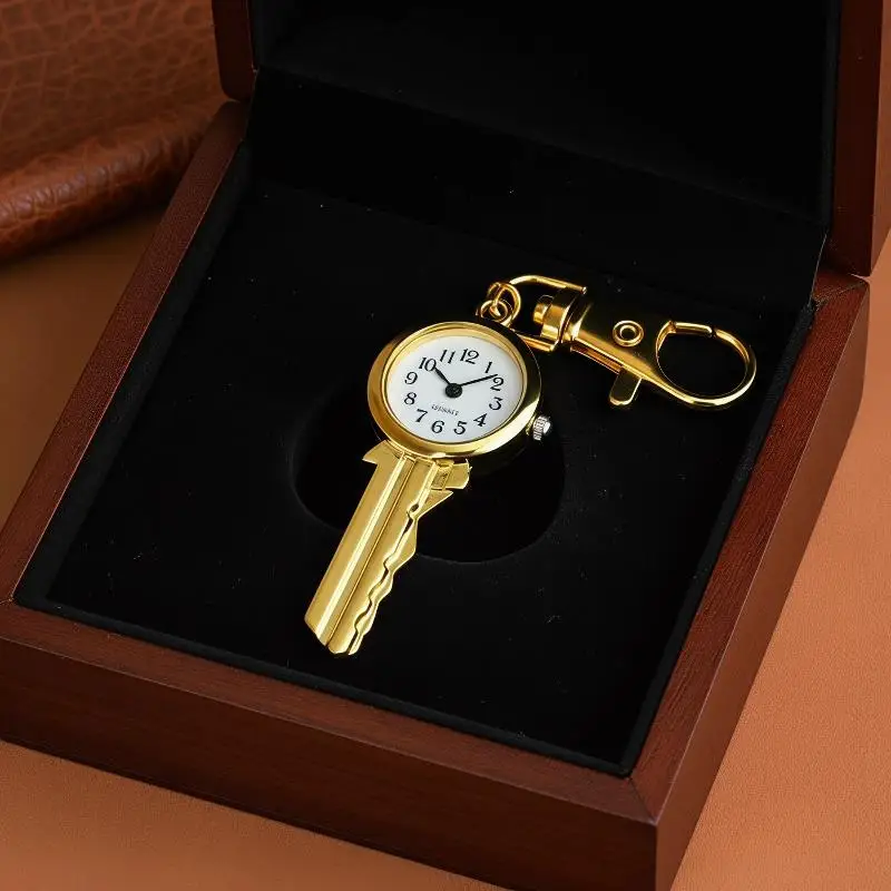 Mini Golden Key Shaped Quartz Watch With Keychain Clear Dial Perfect For Daily Use Bag Pendant Creative Gift