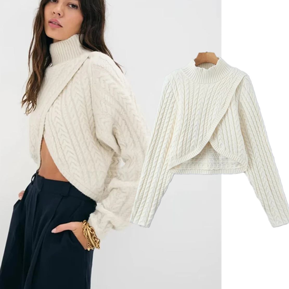 

Withered Vintage Turtleneck Knitwear Sweaters Women Ins Blogger Asymmetry Sexy Short Tops