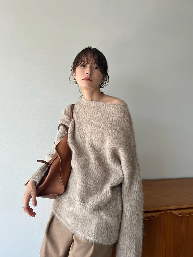 

Healing Pure Desire Light Teasing oulder Bared Mohair One-oulder Knitted Sweater Mid-Length Women's Faion Woolen Knitwear