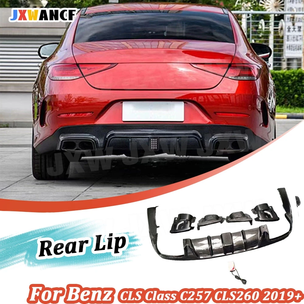

JXWANCF Carbon Fiber Car Rear Bumper Lip Diffuser For Benz CLS Class C257 CLS260 300 350 450 CLS53 AMG 2019 UP With Light FRP