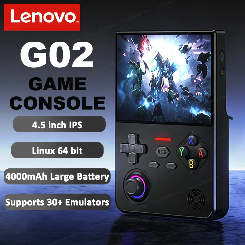 New Lenovo G02 Handheld Game Console 64 Bit Linux Retro Game Player 4.5'' IPS Screen 64G 128G WiFi HD-Out Joystick Ambient Light