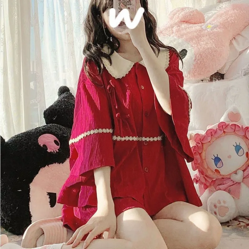 Sweet Sleepwear Women Two Pieces Short Sleeve Cardigan Shorts Japanese Pajama Sets Kawaii Baby Neck Loungewear Red Nightwear
