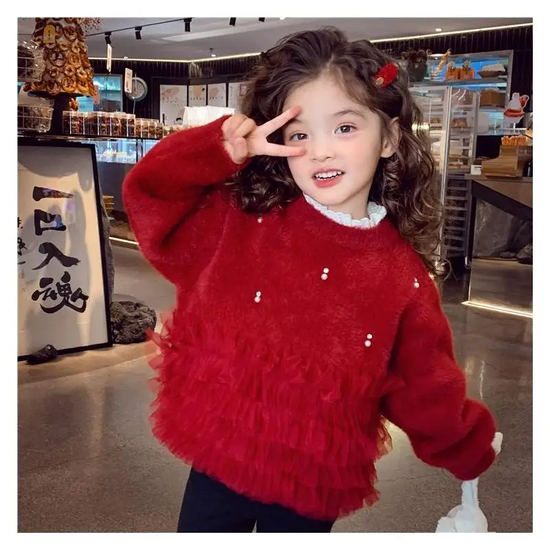 

2025 New Winter Red Faux Mink Fur Sweater for Girls Thickened Fashionable Knitted Top Warm Soft Cozy Casual Wear Children Kids