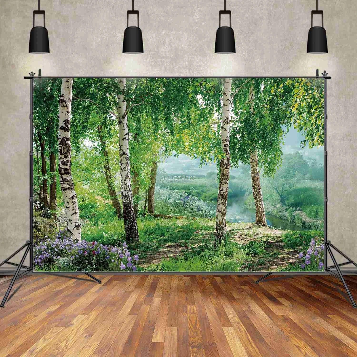 شجرة الربيع الخضراء نهر خلفية العشب زهرة طبيعية المشهد استوديو الصور خلفية عطلة ديكور التصوير الدعائم