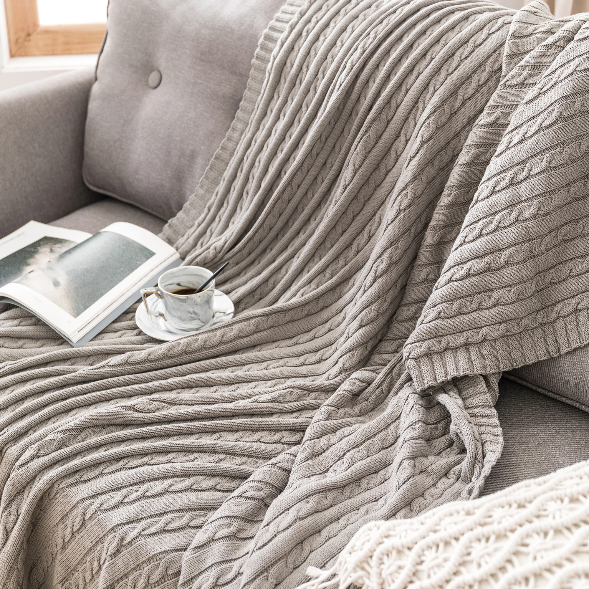Battilo Cotton Knitted Throw Blanket Soft Cozy Cable Knit Sofa Throws Large Heavyweight Decorative Blanket for Twin Queen Bed