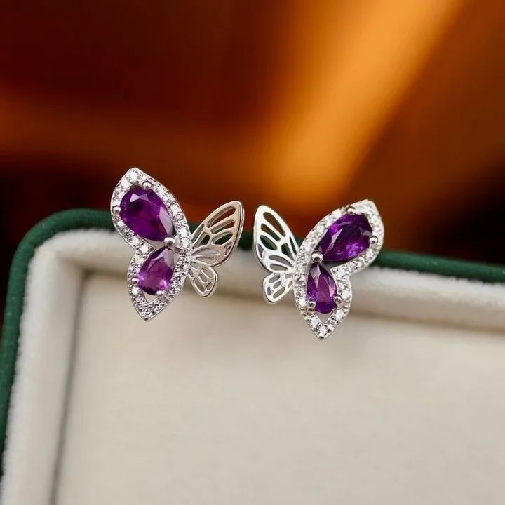 

Lucky Butterfly Popular 925 Sterling Silver Set Natural Uruguay Amethyst Ear Studs Elegant Purple Gems Daily Jewelry For Women