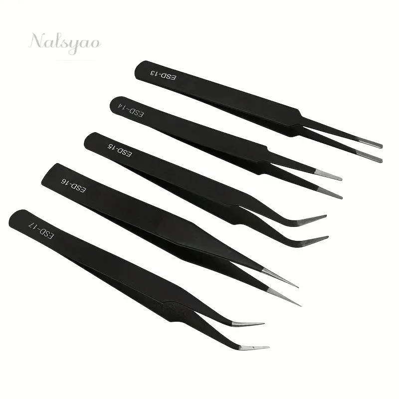 Precision ESD Anti-Static Tweezers Set 6-PC Durable Stainless Steel Tool for Electronic Repair Process Modeling Bending