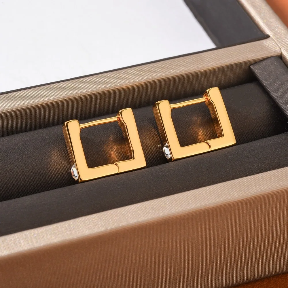 Europe Designer Brand Brass 18k Gold Plated Geometric Flash Diamond Stereo Small Square Earrings Woman Jewelry Trend