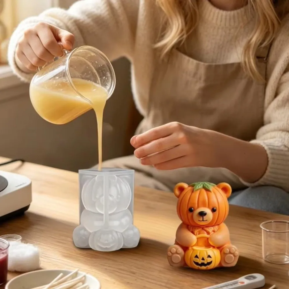 3D Shaped Pumpkin Bear Silicone Candle Mold Non-stick Soft Candle Making Mold Handmade Mummy Bear Mold Halloween Decor
