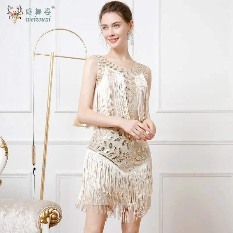 أنيقة ريترو غاتسبي الترتر مطرز شرابة الكرة ثوب للنساء 1920s خمر مطرز فستان الحفلات مأدبة عيد ميلاد