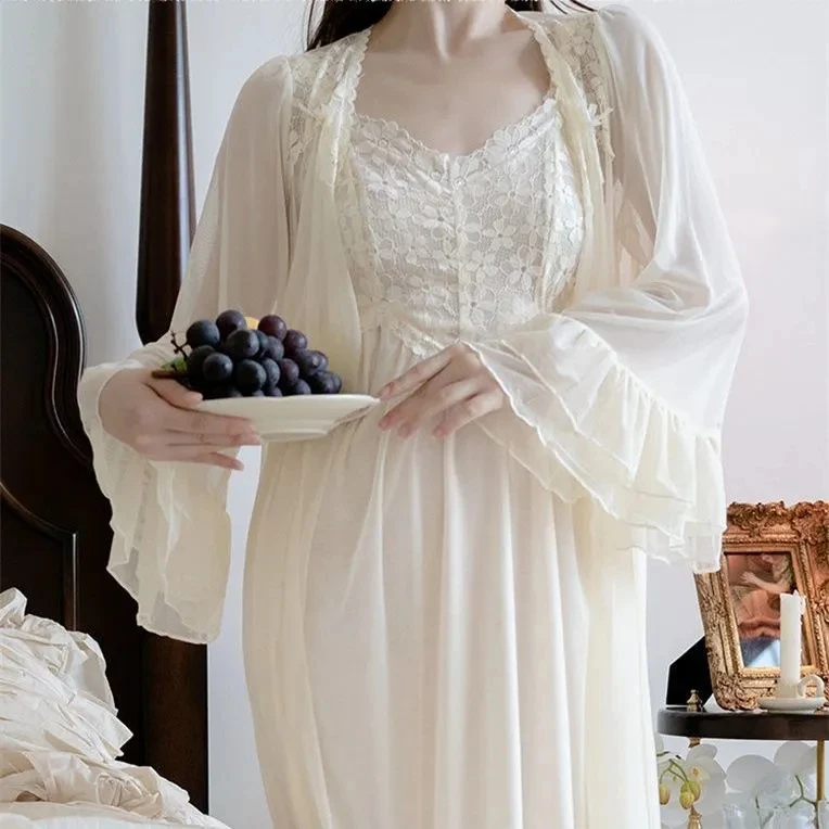 Sexy Womens Nightdress Lace Princess Nightgowns Slip Vintage Lady Women 2 Pcs Robe Set Autumn Pajama Sleepwear Bathrobe Home Set