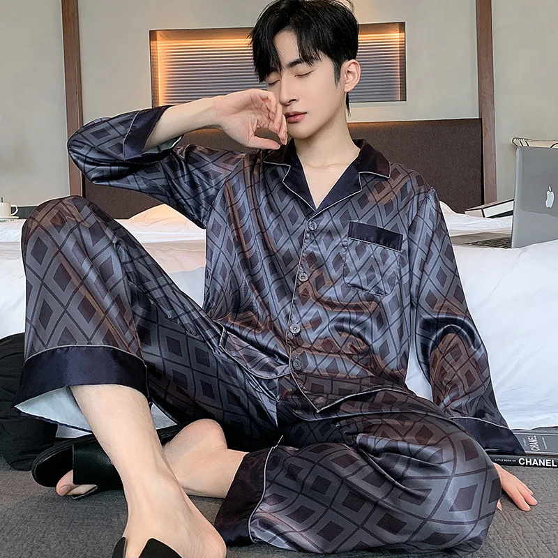 ملابس نوم بيجامات رجالية للخريف من الحرير الجليدي بأكمام طويلة بنطلون فضفاض مقاس كبير ملابس نوم حريرية للربيع والخريف #2