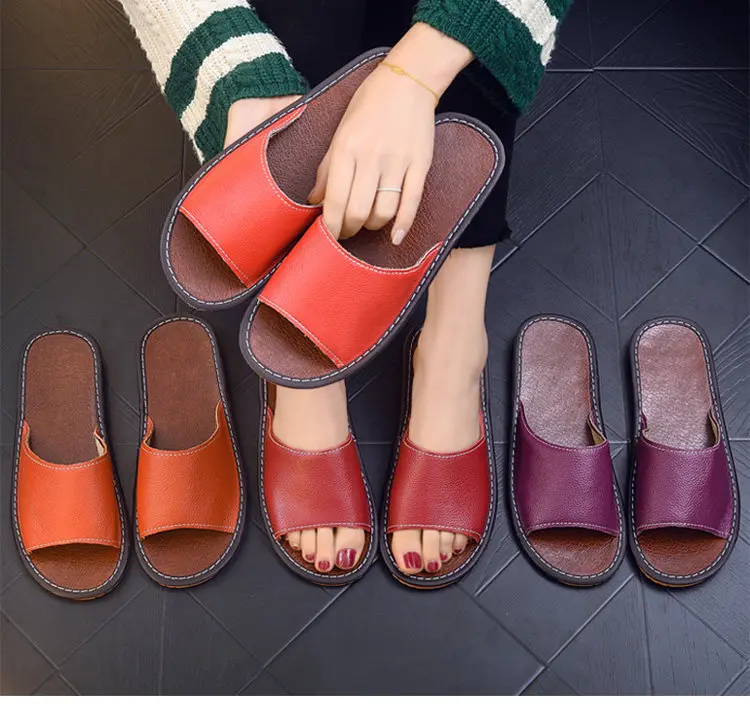 Genuine Leather Slippers First Layer Cowhide Summer Indoor Non‑Slip Home Sandals for Men Women