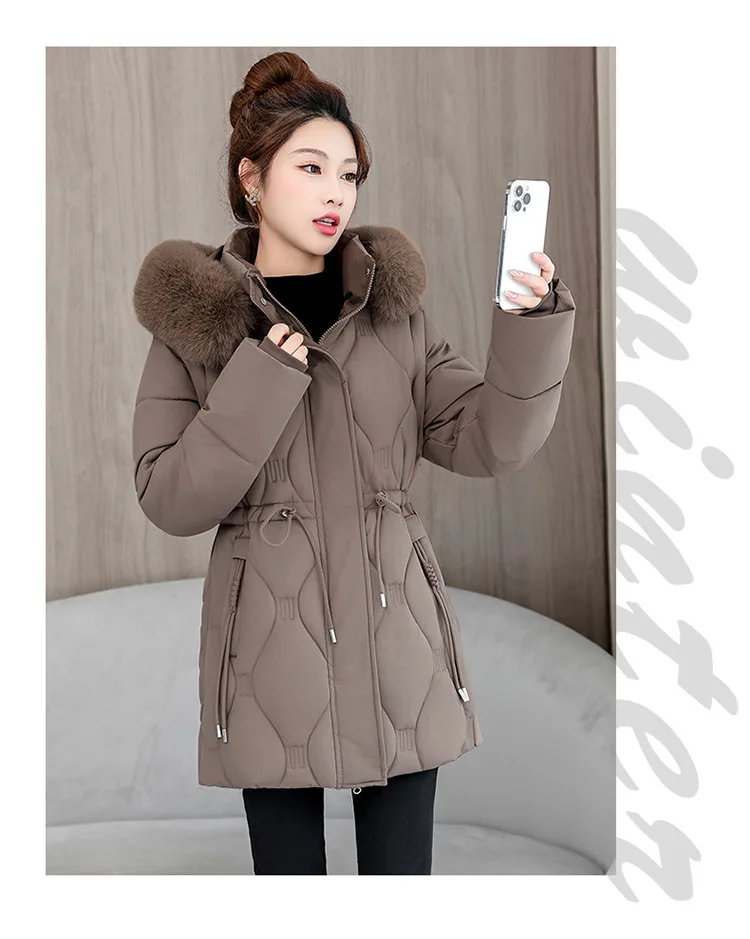 Simple Solid Color Large Fur Collar Hooded Removable Long-sleeved Down Cotton Jacket Women's 2025 Winter Thickened Warm Jacket