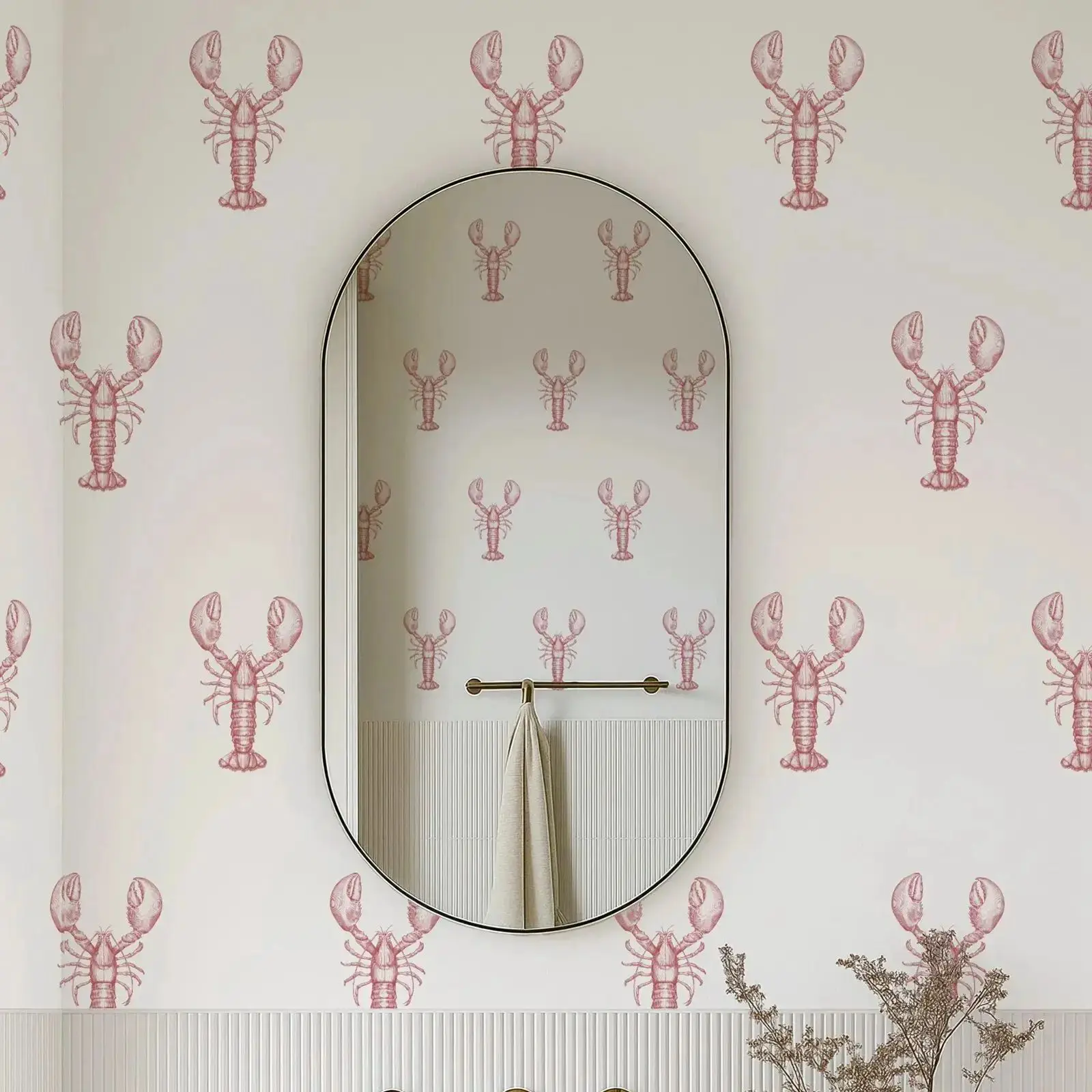 Lobster Peel and Stick Wallpaper,Coastal Ocean Animal Wall Mural In Red and White,Self Adhesive Or Regular Sea Life Wall Mural