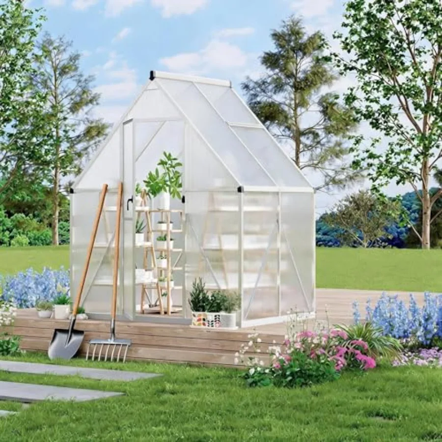 Outdoor walk-in house for garden backyard: polycarbonate construction with roof vent, lockable door, aluminum frame, silver col