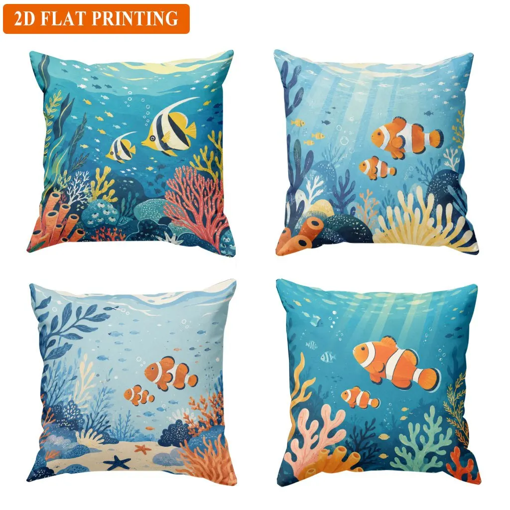 Ocean Coral Fish Print Throw Pillow Covers Set of 4 Nautical Sea Life Decorative Cushion Case Home Decor