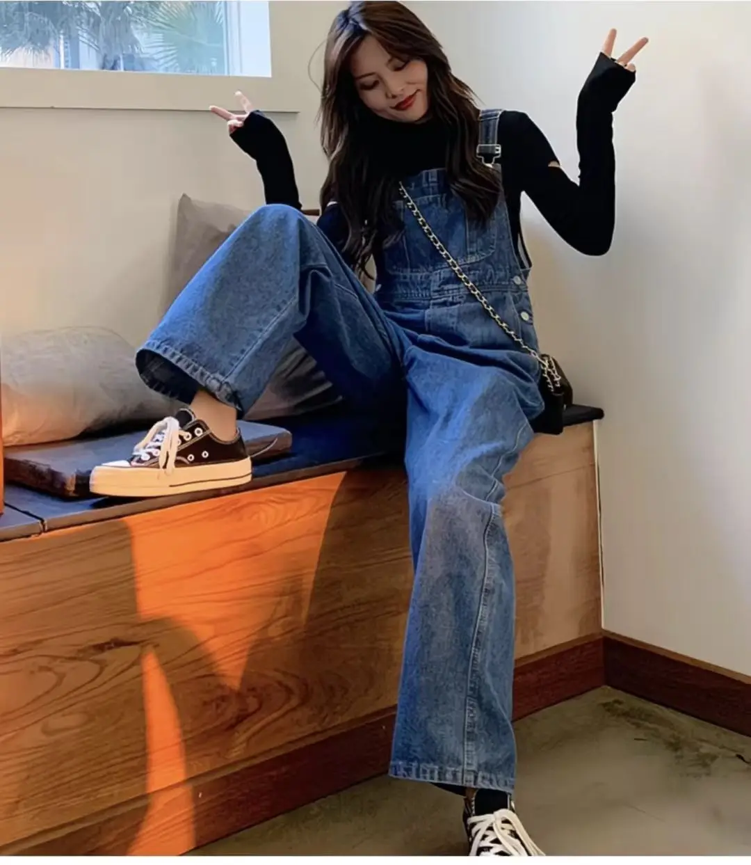 Europe and The United States Fashion Casual Straight Denim Jumpsuit, Women's Autumn Commuter Slim Long Sleeve Wide Leg Jumpsuit