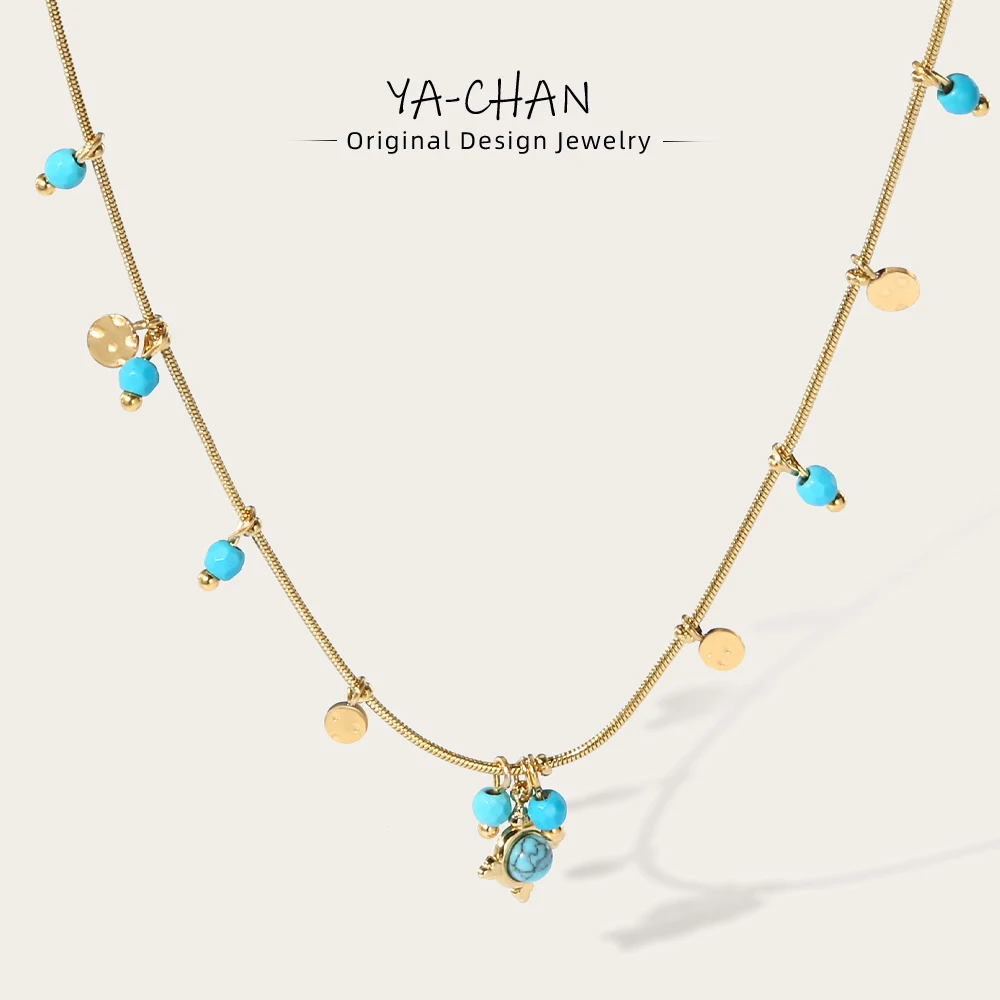 YACHAN 18K Gold PVD Plated Stainless Steel Chain Necklace for Women Turquoise Natural Stone Round Tap Texture Waterproof Jewelry