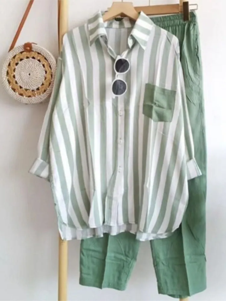 Frühling Herbst Mode Druck Gestreiftes Hemd Langarm Anzug frauen Casual Lose Einfache Urlaub Weibliche Büro Hosen 2-stück Sets