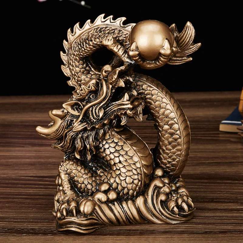 

Chinese Mascot Tamron Ornaments Resin Lucky Dragon Sculpture Statue Gold Color and Antique Copper Home Decoration Accessories