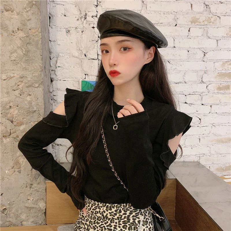 Fashion Slim Fit Long Sleeve Women Inside T Shirts Fall Hollow Out All-match Harajuku Casual Sweet Oversized Punk Clothing Black