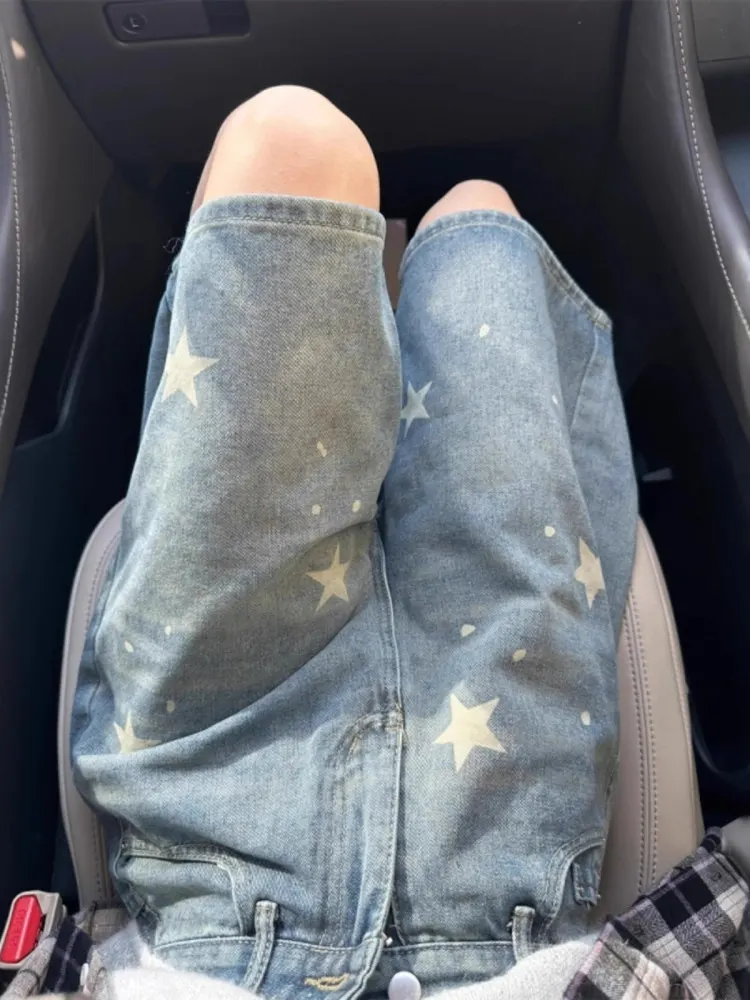 

American Retro Star Print Denim Shorts Women's High Waist Loose A-Line Five-Point Wide Leg Mid-Length Casual Jeans