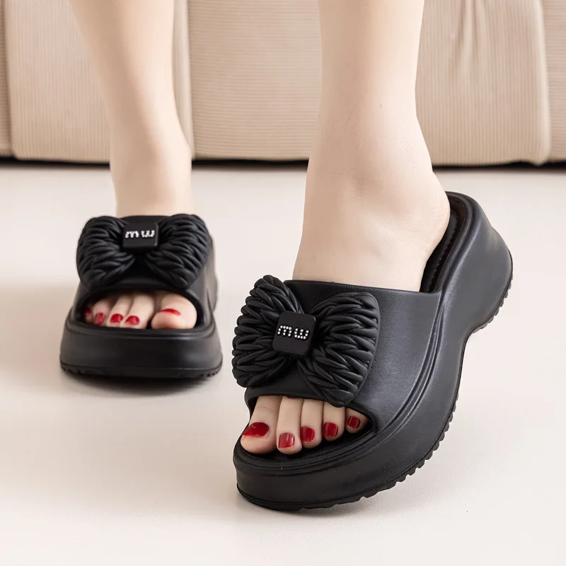 Summer Women EVA Thick Platform High Heel Slippers Bow Knot Non Slip Indoor Bathroom Outdoor Beach Pool Casual Walking Home Shoe