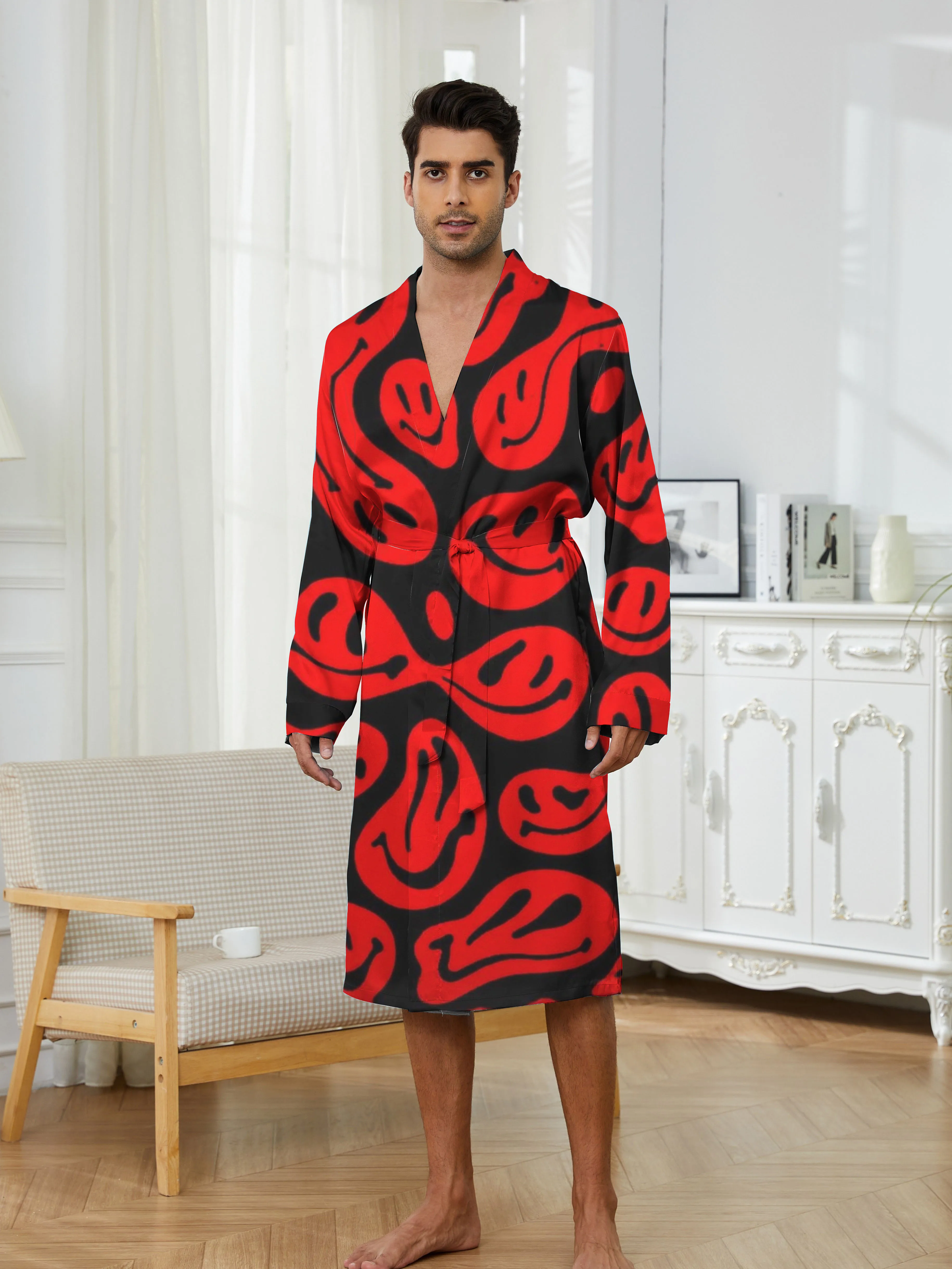 ثوب نوم رجالي بنمط وجه مبتسم مطبوع رقميًا للربيع والخريف، ثوب نوم كاجوال عصري، سريع الجفاف