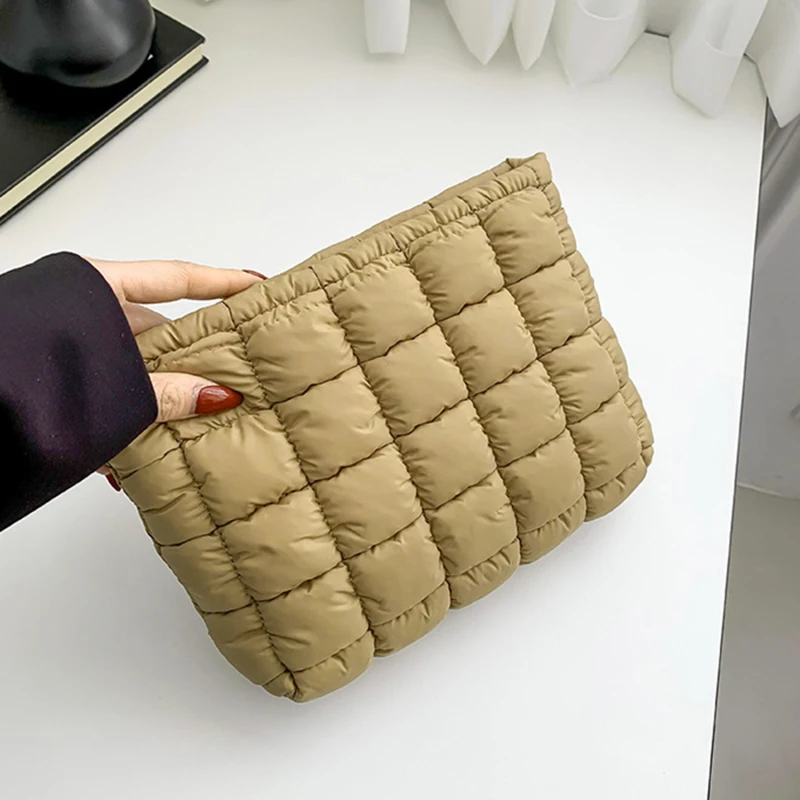 Quilted Travel Makeup Pouch Puffy Korean Version Handbag With Zipper Cosmetic Organizer Case Solid Color For Women Girls