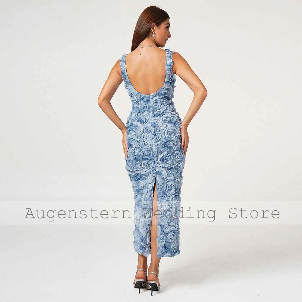 Exquisite Women's Cocktail Dresses 2026 Organza Sheath/Column Birthday Dress Sky Blue O-Neck Appliques Split Zipper Prom Dresses