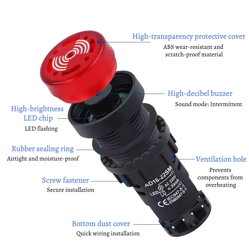 AD16-22SM 22mm Panel Diameter AC DC 12V 24V 110V 220V Flash Signal Light Red LED Buzzer Beep Alarm Indicator Green Yellow