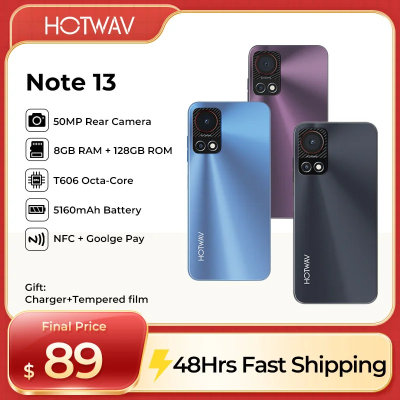 HOTWAV Note 13 Smartphone Android 13+5160mAh Big Battery Cellphones 50MP+16MP phone 8(4+4)GB RAM+128GB ROM Cell Phone