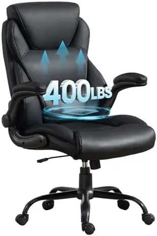 Big and Tall Office Chair 400LBS, Heavy Duty Leather Executive Desk Chair with Flip-Up Arms, High Back Swivel Rolling