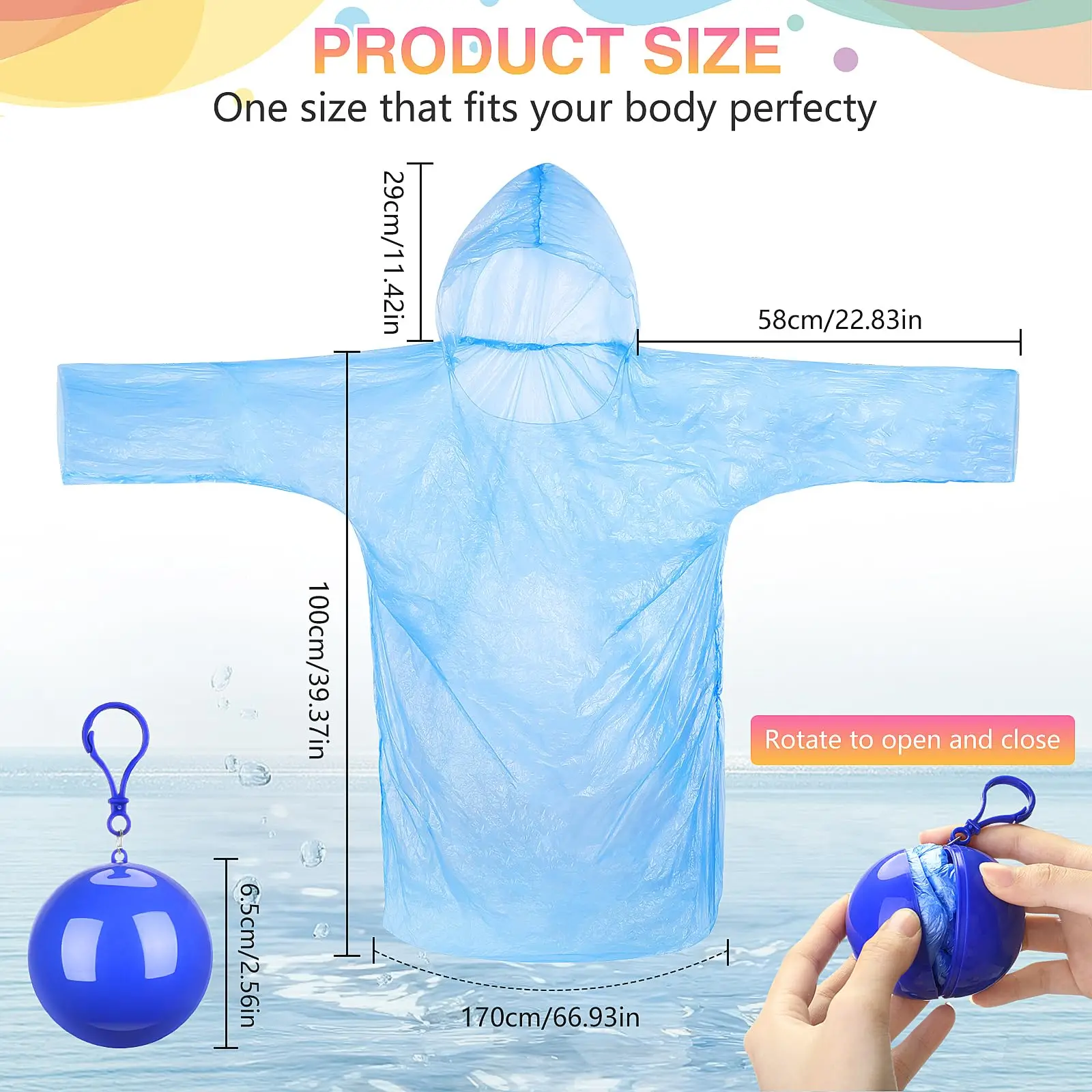 Rain Ponchos Portable Disposable Emergency Raincoats Waterproof Raincoats in Ball with Hook Plastic Travel Rain Poncho Outdoor