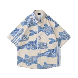 Men's shirt Tops Oversized American Style 2023 Summer Fried Street Fashion Small Fish Print New Personalized Mens Casual Shirts