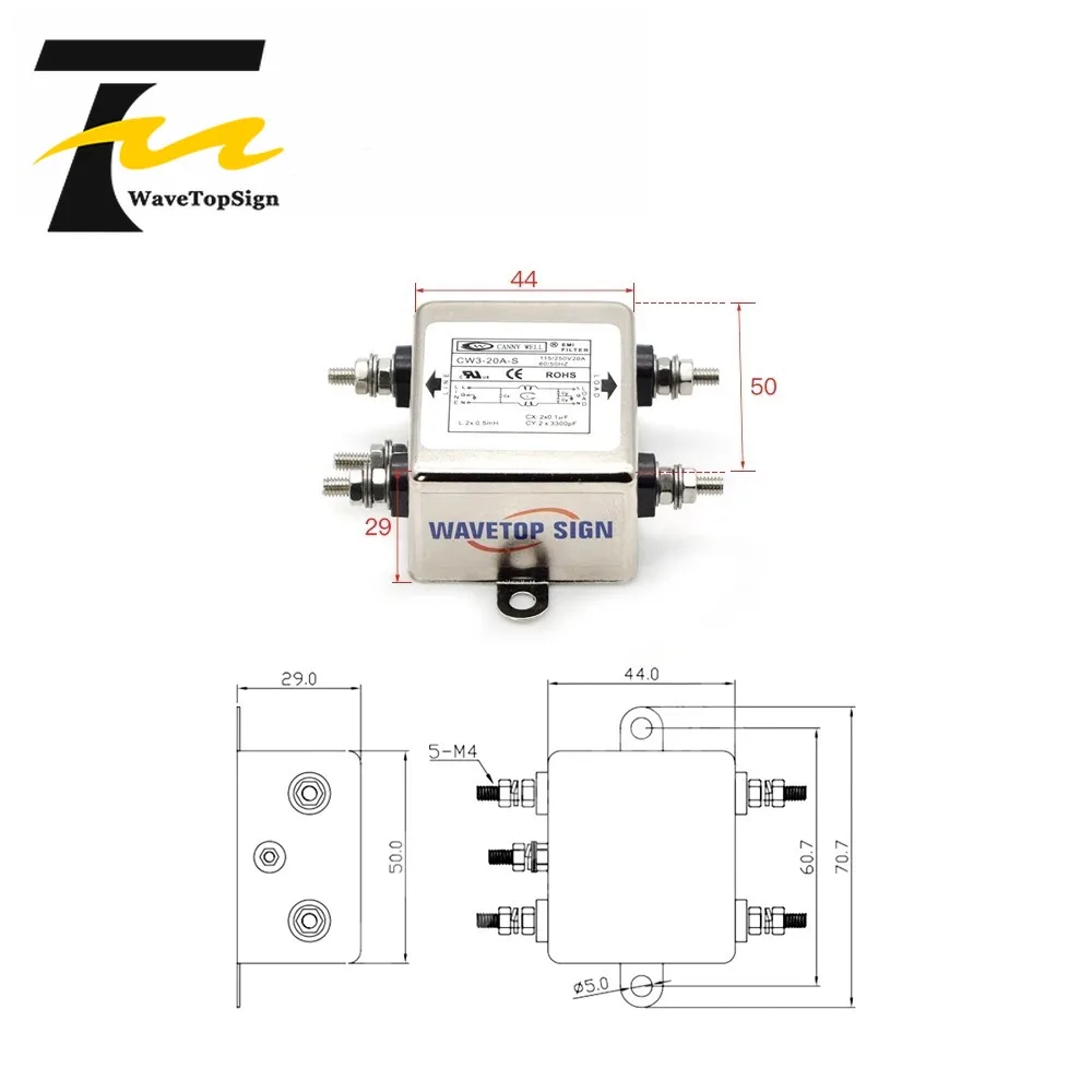 wavetopsign Canny Well Power Filter CW3-10A CW3-20A-S Single Phase AC110-250V Anti-Interference EMI Filter