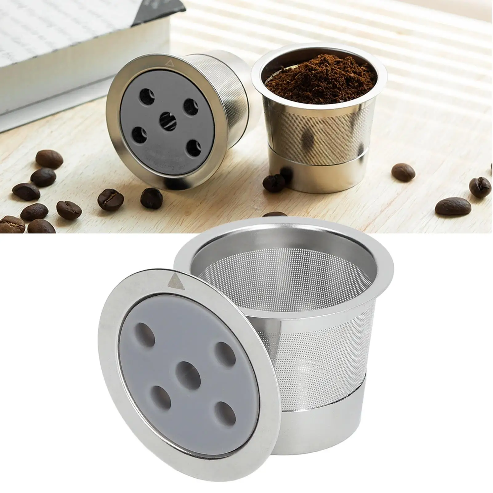 Reusable Coffee Pod Filter - Easy Operation, 5-Hole Rustproof Design with Brush & Spoon for office Use