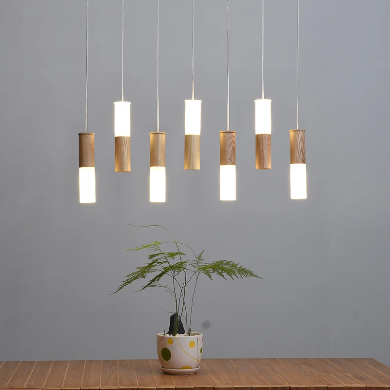 Cylinder Wood LED Pendant Lights Long Tube Lamps Dining Room Shop Bar Decoration Cord Pendant Lamp Background Wall Lighting