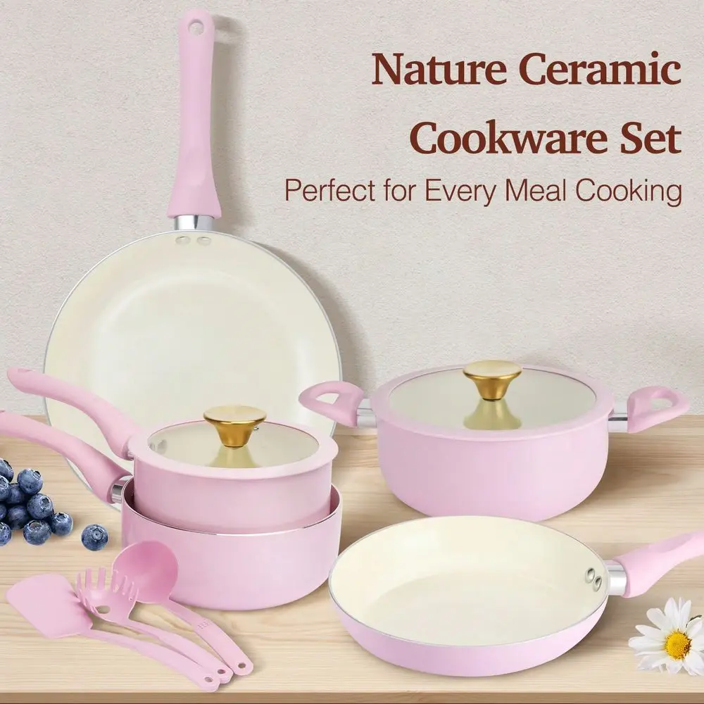 

And Pans Set Non Stick, 11 Piece Ceramic Induction Hob Pan Set, Healthy Cookware Set With Frying Pans, Saucepan Set, Compact Si