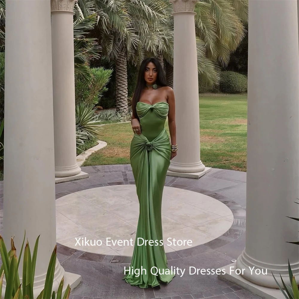 Xikuo エレガントなグリーンサテンイブニングドレスマーメイドストラップレスローブカクテルファムプリーツフロアレングスパーティーウエディングドレスカスタマイズ