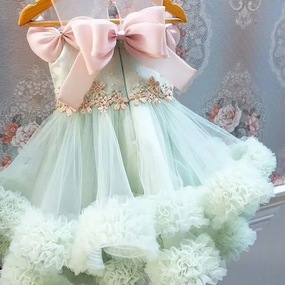 Flower Girl Dresses For Wedding Light Green Pleated Puffy Sleeveless with Bow Kids First Communion Birthday Party Ball Gowns