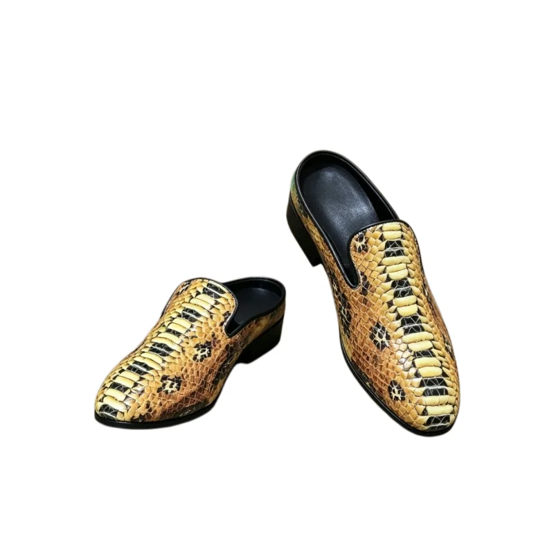 New Trendy Men Snake Skin Pattern Half Loafers Backless Mule Low Chunky Heel Flexible Sole Street Club Fashion Slide Dress Shoes