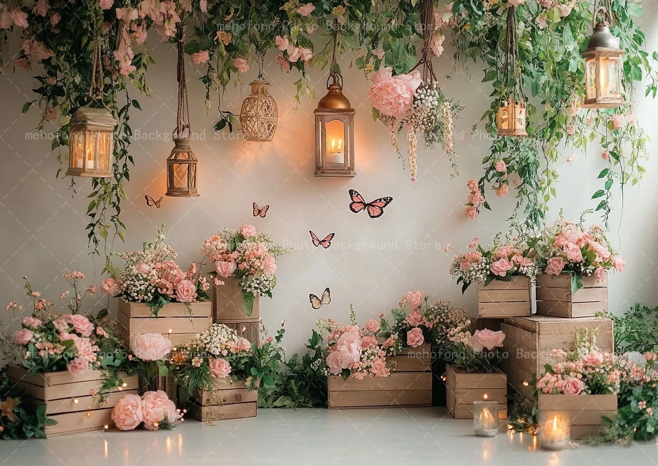 Latar Belakang Fotografi Mehofond Musim Semi Lampu Kupu-kupu Indah Bunga Kotak Kayu Kecil Tanaman Rambat Dekorasi Latar Belakang Potret Keluarga Anak-anak