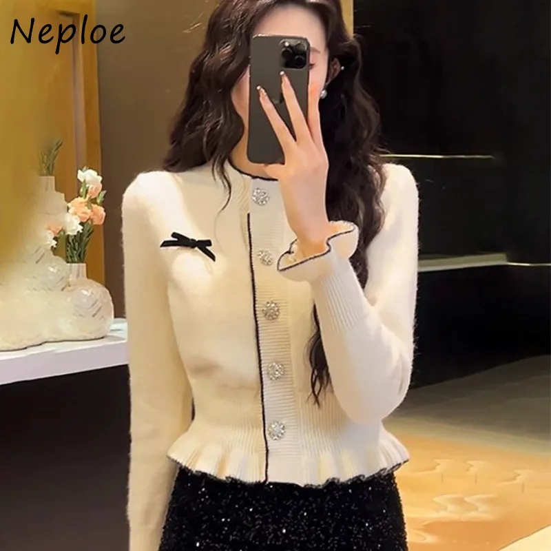 Neploe Fresh Korea French Style Simple Commuter Cardigan Small Fragrance Bow Ruffles Slim Jumper Panelled Knit Literary Sweaters